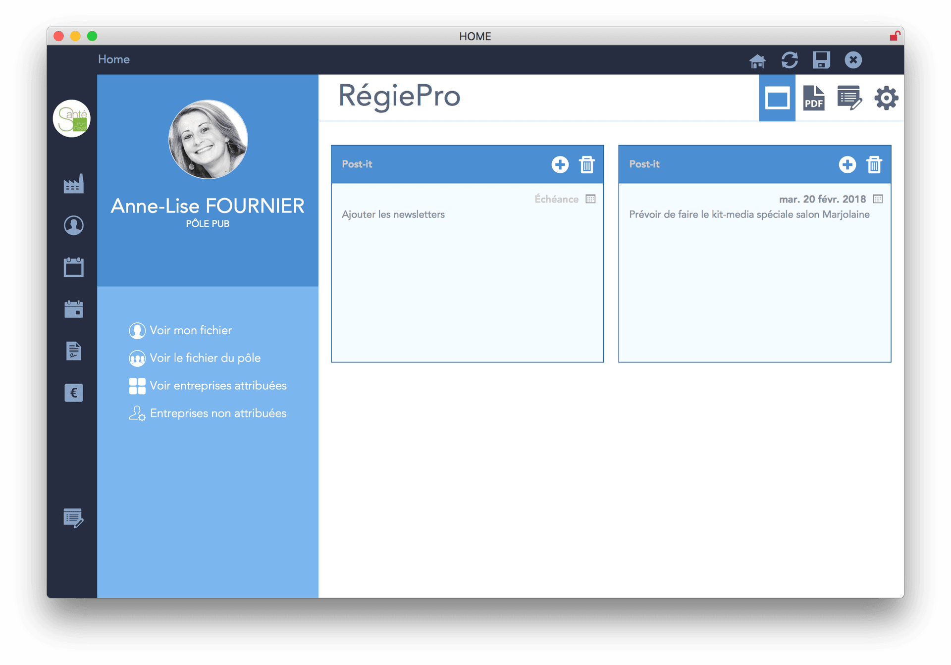 Écran d'accueil du logiciel RégiePro